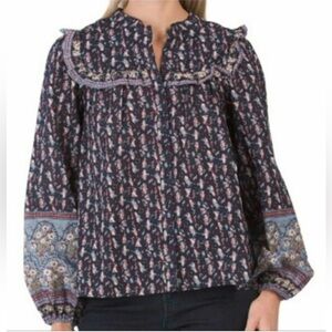 Joie Prairie Blouse Boho Peasant Ruffle Cotton Floral Cottagecore Puff button